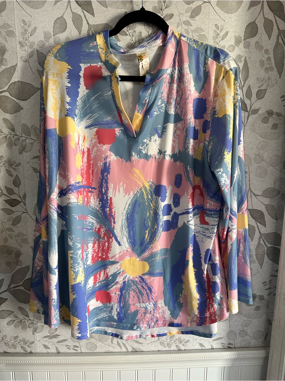 Abstract Brushstroke V‑Notch Blouse in Blue & Pink